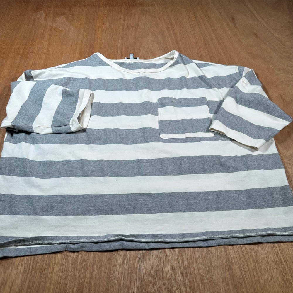 White Birch T-Shirt Women Large Gray Cream Striped Pocket Cotton Short Sleeve